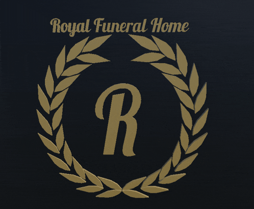 a logo for royal funeral home with a gold wreath around the letter r