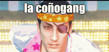 a man wearing an eye patch and a headband with the words la conogang