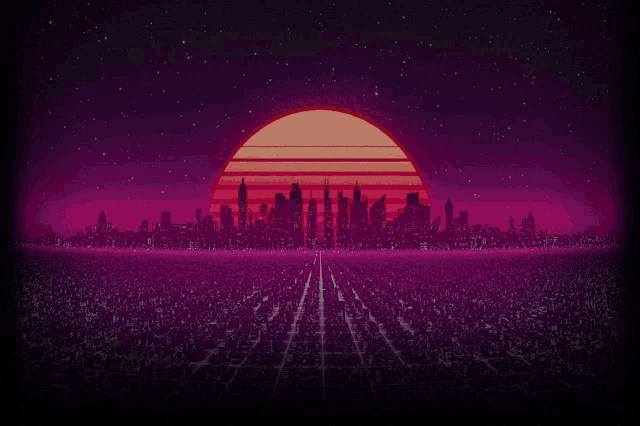 a sunset over a city with a purple background
