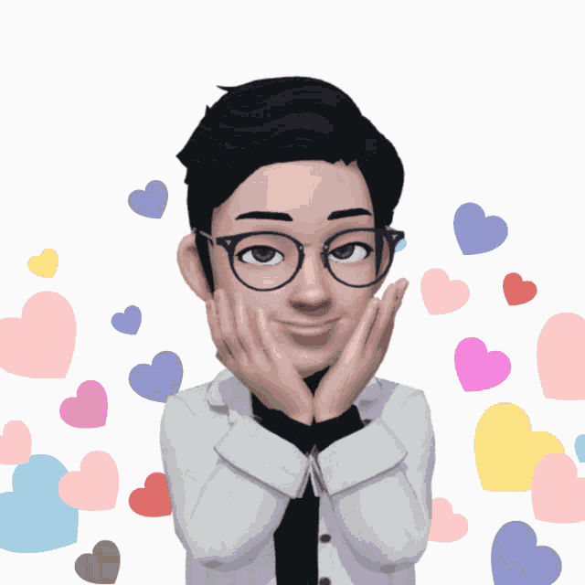 a cartoon character with glasses holds his hands to his face surrounded by colorful hearts