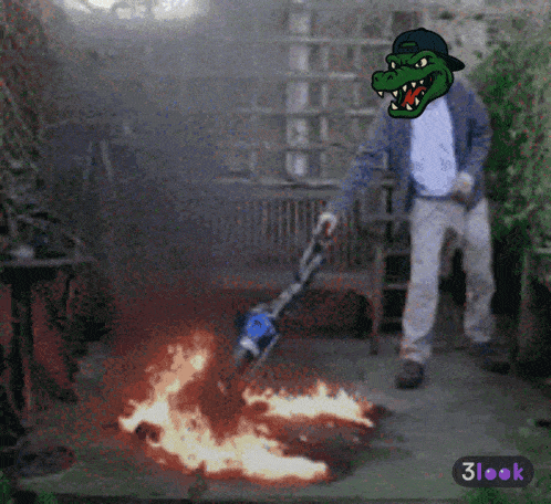 a cartoon of a crocodile standing next to a fire with a 3look sticker on the bottom
