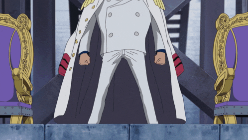 a man in a white coat stands in front of a throne