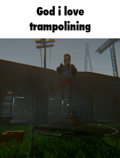 a person is jumping on a trampoline with the words god i love trampolining