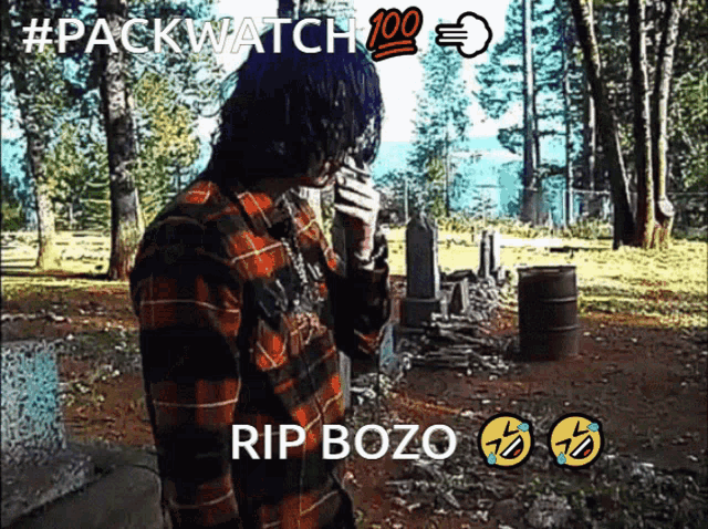 a man in a plaid shirt is standing in a cemetery with the words rip bozo on the bottom