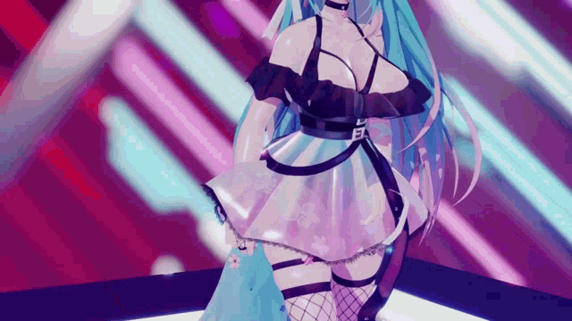 a woman with long blue hair is standing on a stage wearing a white dress and fishnet stockings