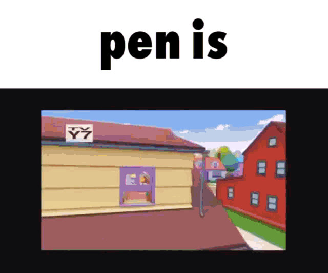 a cartoon drawing of a house with the words pen is on it