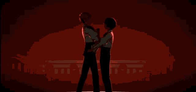 two anime characters are standing next to each other and hugging each other .