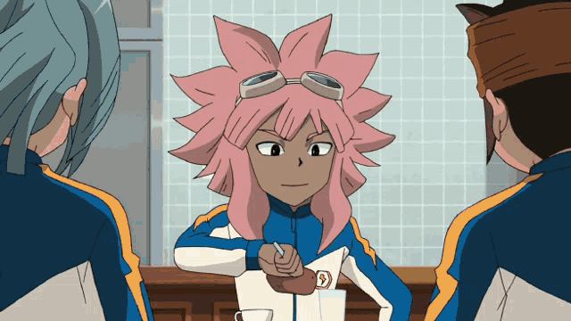 a cartoon character with pink hair and goggles holds a cup of milk
