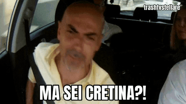 a man in a car with the words ma sei cretina written below him