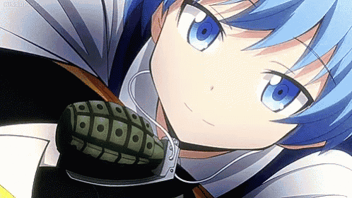 a close up of a person with blue hair holding a green bomb .