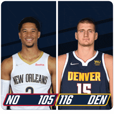 two basketball players from new orleans and denver are shown