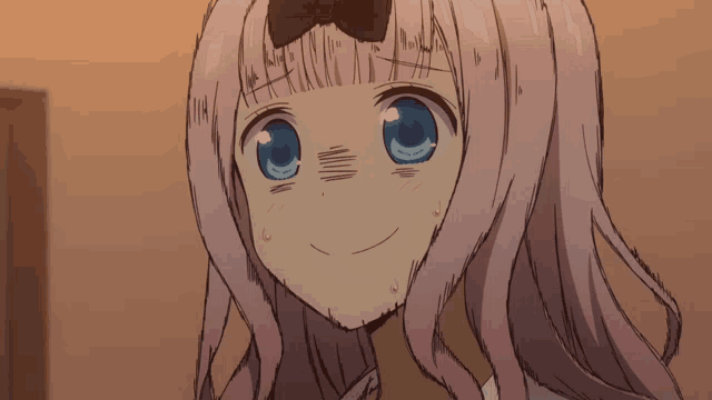 a drawing of a girl with pink hair and blue eyes smiling