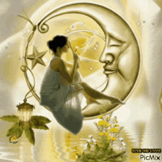 a woman is sitting on a crescent moon with flowers in the background