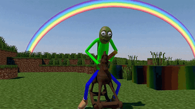 a cartoon character riding a rocking horse under a rainbow