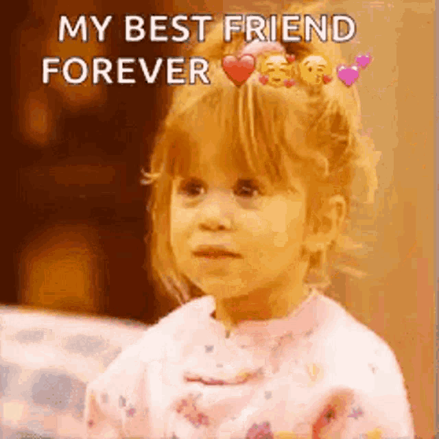a little girl is sitting on a bed with emojis in her hair and the words `` my best friend forever '' .