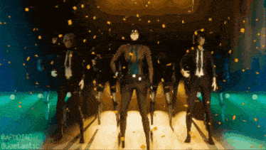 a group of people are standing in a room with confetti falling around them and a watermark that says hypnotic