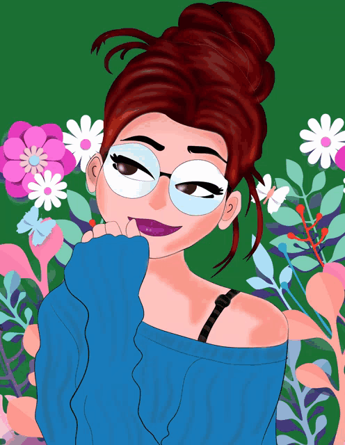 a girl wearing glasses and a blue sweater stands in front of flowers