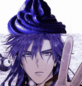 a man with long purple hair is giving a peace sign next to a cupcake with blue frosting