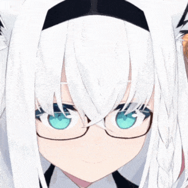a close up of a girl with white hair and blue eyes wearing glasses