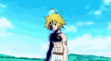 a cartoon character is standing in a field with a blue sky behind him .