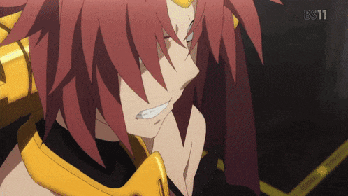 a close up of a red haired anime character with bs11 in the corner