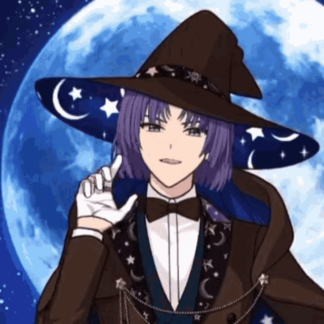 a man with purple hair wearing a wizard hat
