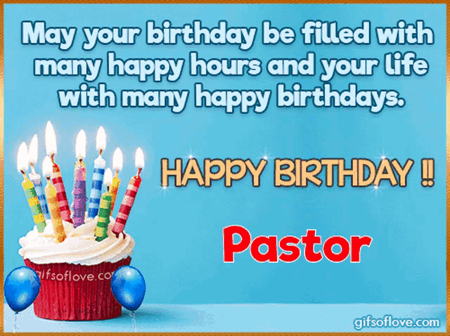 a birthday card for pastor with a cupcake and candles on it
