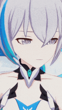 a close up of a cartoon character with white hair and a blue star on her chest