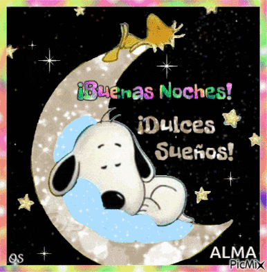 a picture of snoopy sleeping on a crescent moon with the words buenas noches dulces suenos