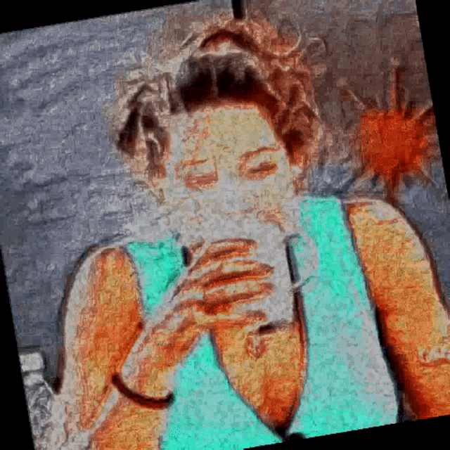a painting of a woman drinking from a glass with a sun in the background