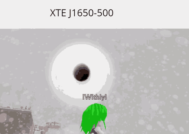a cartoon character with green hair is standing in front of a black hole with xte j1650-500 above it