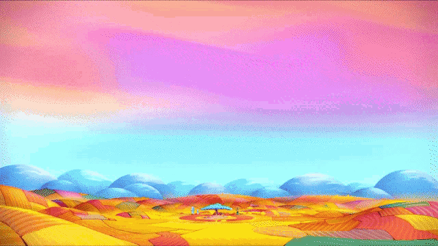 a painting of a colorful landscape with a purple swirl in the sky