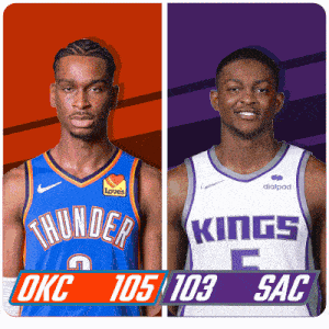 two basketball players from the okc thunder and the kings are standing next to each other