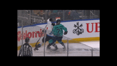 a hockey player with the number 27 on his jersey is fighting another player