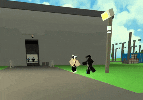 a video game character is standing in front of a building