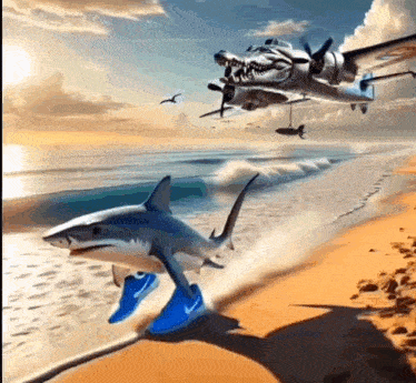 a shark wearing nike shoes is running on a beach while a plane flies overhead .