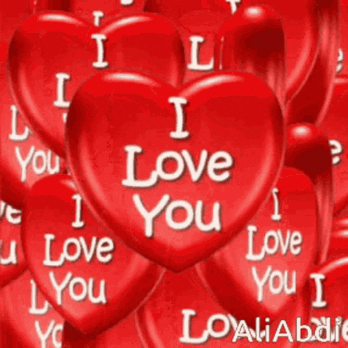 a bunch of red hearts that say i love you