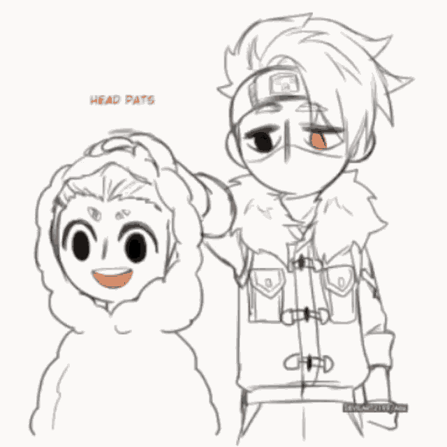 a black and white drawing of a boy and a girl with the words head pats on the bottom right