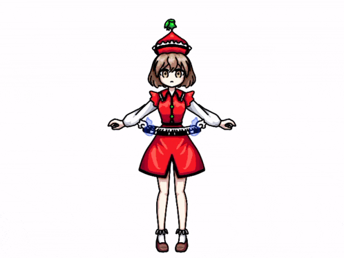 a cartoon of a girl in a red dress with a green hat