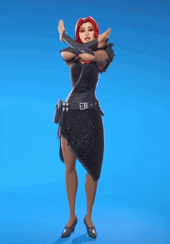 a woman with red hair is wearing a black dress with a belt around her waist