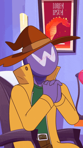 a cartoon character wearing a hat with the word lorem ipsum written on it