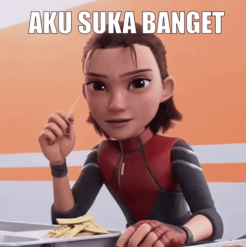 a cartoon girl is eating french fries with the words aku suka banget written above her