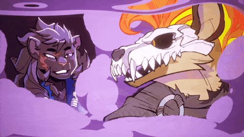 a cartoon drawing of a man and a wolf with a skull in the background