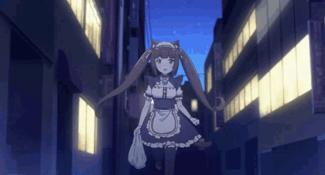 a girl in a maid outfit is walking down an alleyway