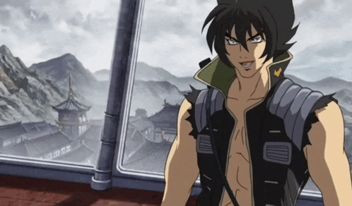 a cartoon character is standing in front of a window with a mountain in the background