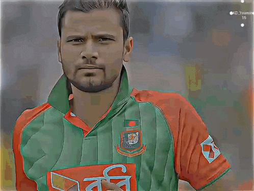 a man with a beard is wearing a green and red jersey with the word bangladesh on the front