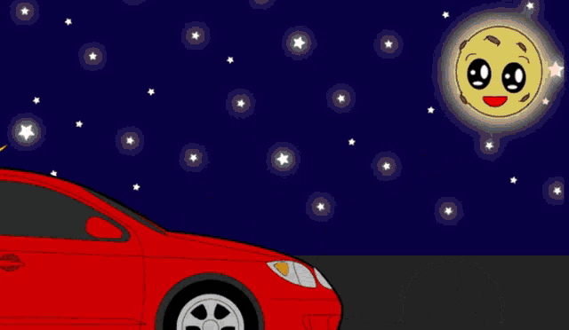 a cartoon of a woman driving a red car at night with the moon behind her