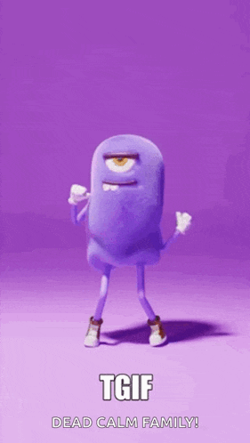 a purple cartoon character is dancing with the words tgif dead calm family below it