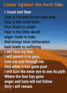 a poem titled " litany against the dark side " with a desert in the background