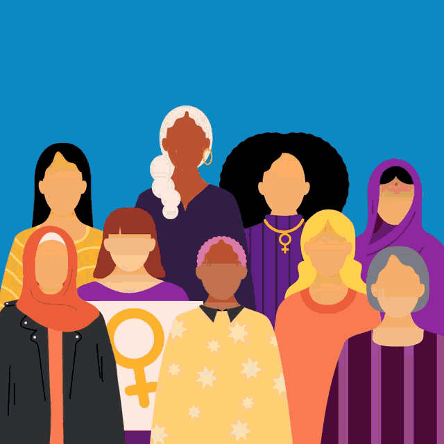 a group of women standing next to each other with a female symbol in the middle of the group